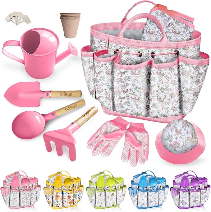 Kids Gardening Tool Set 18PCS Kids Toddler Gardening Set Includes Tote Bag Watering Can Apron Hat Rake Shovel Spoon Gloves Plant Pots and Labels, Outdoor Toys Gift for Boys Girls (Pink)