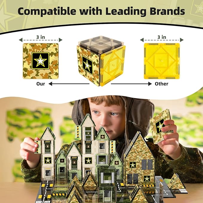GobiDex 100PCS Army Magnetic Tiles for Toddler, STEM Construction Building Blocks for Kids Military Toys Games, Upgraded Educational Birthday Gifts Toys for 3+ Year Old Boys Girls, Classroom Must Have
