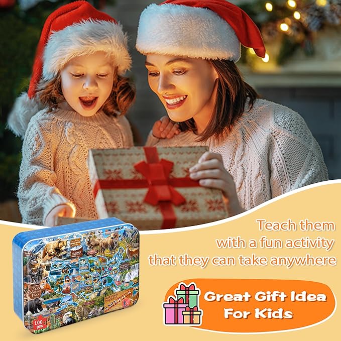 LELEMON Puzzles for Kids Ages 4-6,National Parks Map 100 Piece Puzzles for Kids Ages 4-8 in a Metal Box,Educational Jigsaw Puzzles 100 Piece Puzzle Games Puzzle Toys for Girls and Boys