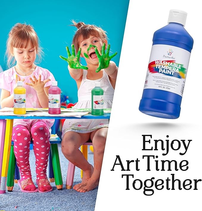 Positive Art Washable Paint for Kids – (8 Colors, 16 oz Each) Made in USA, Non-Toxic Tempera Paint Set – Bulk Classroom Paints for Students, Finger Painting, School Use – 8 Pack