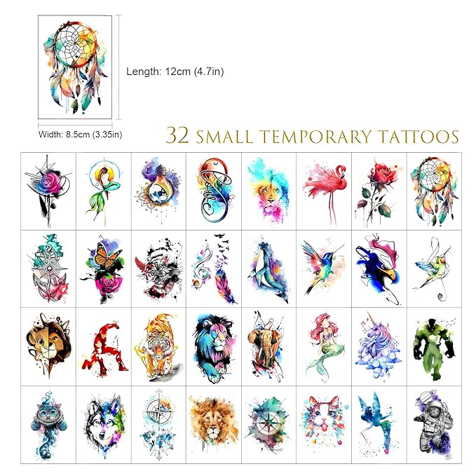 48 Watercolor temporary tattoos for adult and kids,Arm tattoo, body tattoo, watercolor lion wolf mermaid cat tiger,waterproof temporary tattoos realistic for women girls and kids, colourful