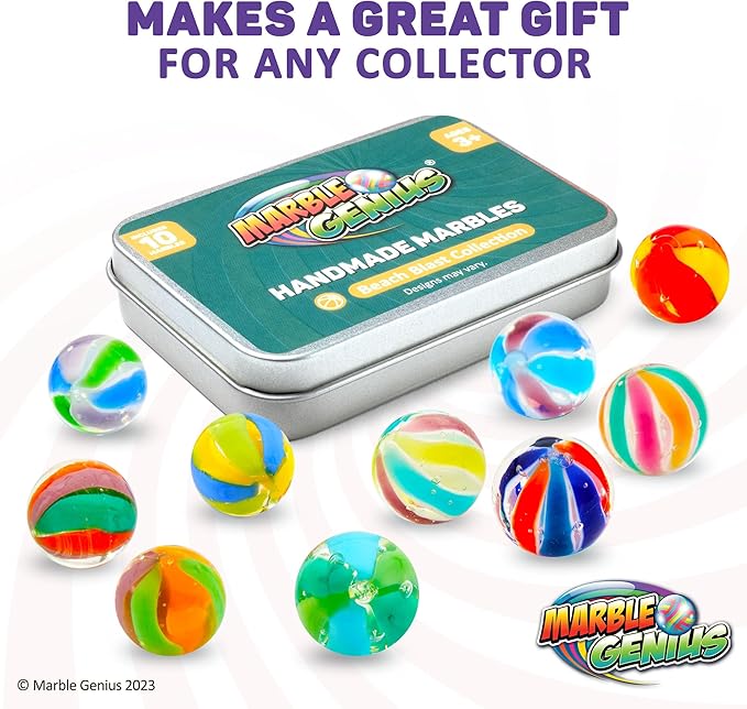 Marble Genius Handmade Glass Marbles - 16mm (5/8 in) Beach Blast, 10-Count - Beach Ball Pattern & Solid Glass Spheres for Collection & Marble Run