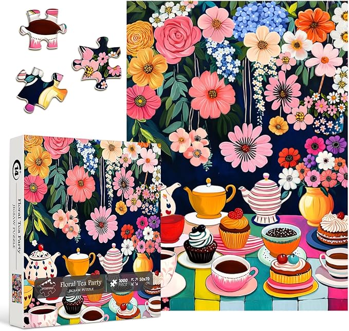 Flower 1000 Piece Puzzle for Adults, PICKFORU Colorful Tea Cups Wildflower Garden Jigsaw Puzzles, Hard Difficult Cupcake Afternoon Tea Theme as Art Decor