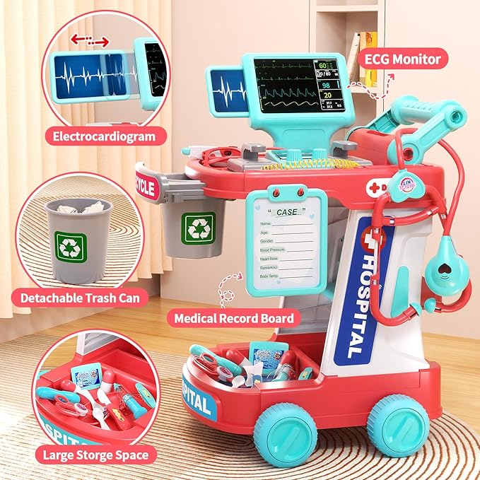 Doctor Kit for Kids, Pretend Doctor Playset for Toddlers with Cart, Costume and Stethoscope, Role Play Medical Toy for Girls Boys Toddlers 3-8 Birthday Gifts (Pink)