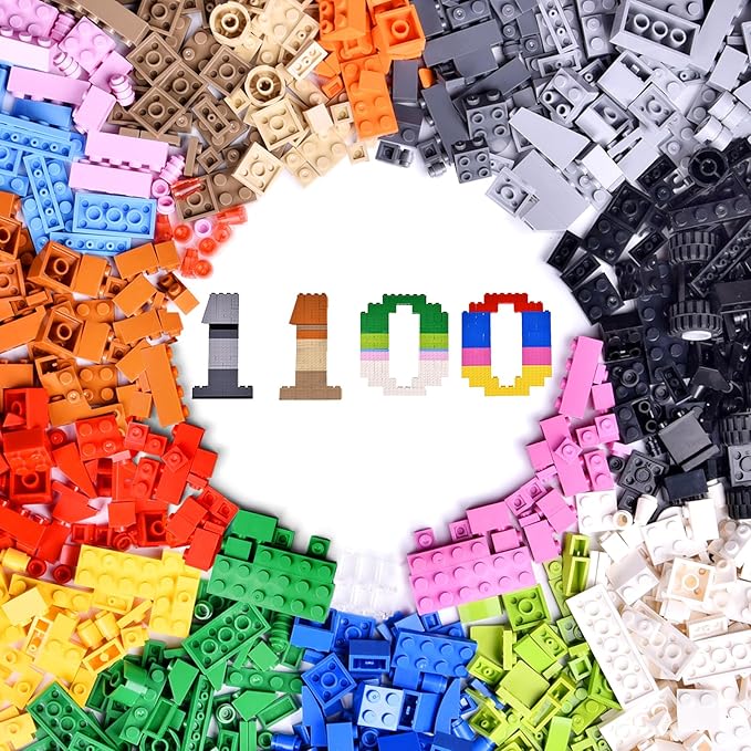 1100 Piece Building Blocks Classic Building Toys, Creative Bulk Building Bricks Sets Compatible with Legos Baseplate Sets 17 Colors Mixed 147 Shapes for Kids Party Favors Birthday