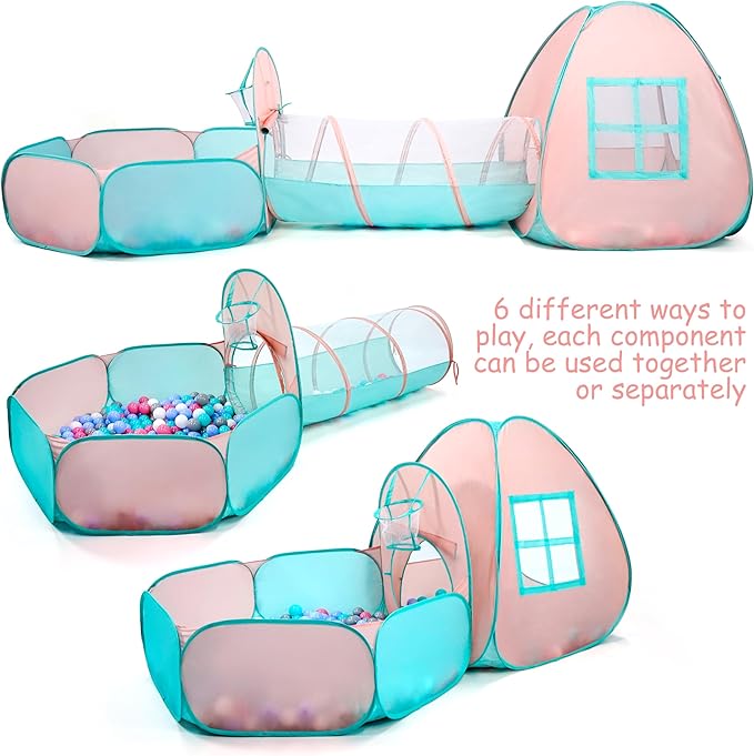 3 in 1 Pop Up Kids Play Tent with Tunnel and Ball Pit for Kids, Boys, Girls, Babies and Toddlers, Indoor/Outdoor Playhouse,Orange Pink/Light Green