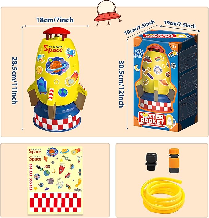 Water Rocket Sprinkler for Kids, Outdoor Sprinkler Rocket Launcher Toy for Backyard, Summer Water Toys for Kids Ages 3-12, Fun Water Powered Rocket Toy (Yellow-2)
