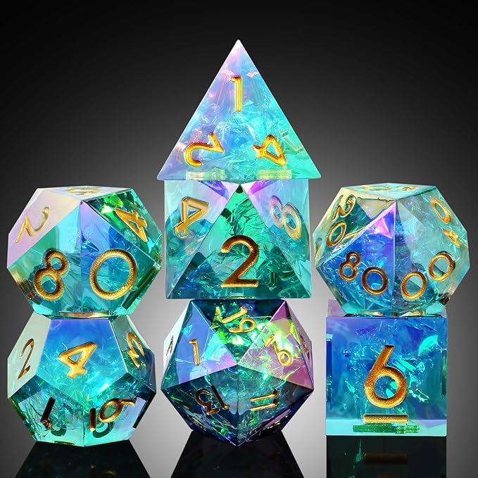 Iridescent Plating Sharp DND Dice, DNDND Handmade Resin Sharp Edge D&D Die with Gift Case for Dungeons and Dragon Tabletop Games (Iridescent Plating)