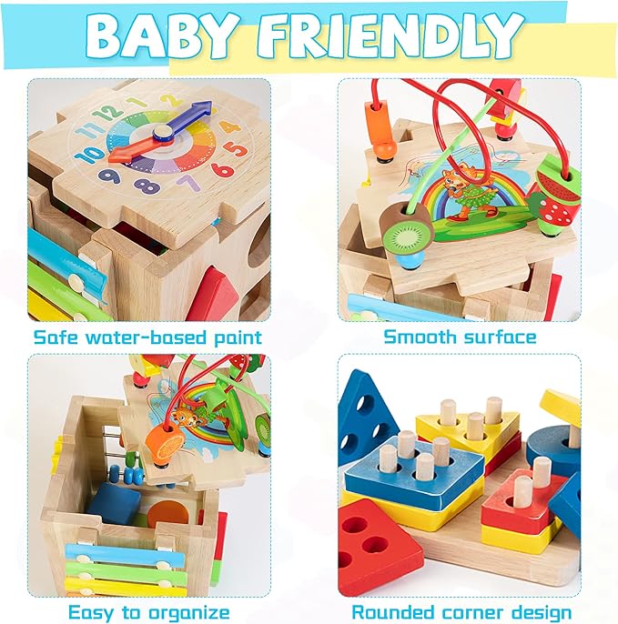 Bravmate Wooden Activity Cube, 8-in-1 Wooden Montessori Learning Toys for 18 M+ Toddlers, One Year Old First Birthday Gift, Baby Toy Set with Bonus Sorting & Stacking Board