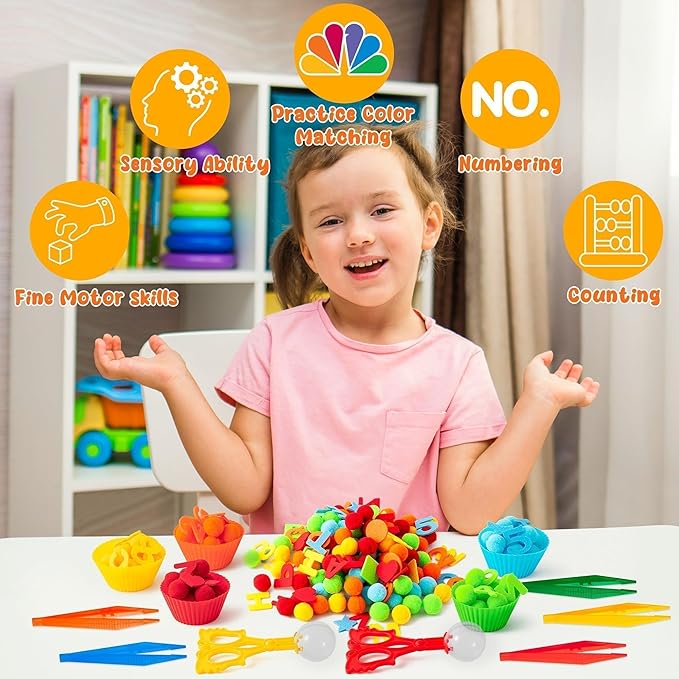EZdhuawuse Letters Numbers Sensory Bin Fillers - 240Pcs Summer Alphanumeric Fine Motor Skills Toys Color Counting Sorting Set for Kids, Felt Letter Pom Poms Cup Clip for Preschool Education Activities