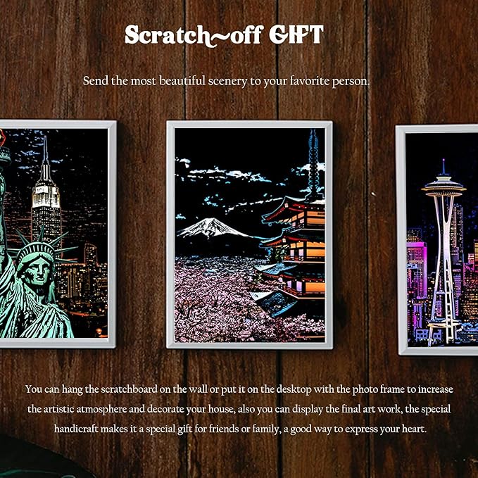 BulChign Scratch Painting Rainbow Paper Cards Kits for Adults,8 Sheets Rainbow City Ancient Capital Scratchboard(7.9 x 5.5 inch) with 6 Tools - Tourist Souvenirs (America/Global Architecture)