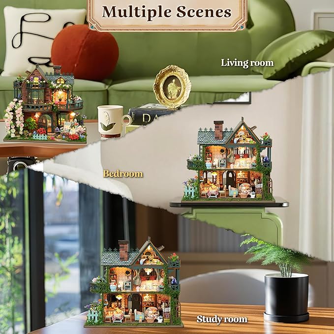 DIY Miniature House Kit, Book Nook Kit for Adult, 3D Wooden Puzzles, Dollhouse Kit with LED Light, Mini Building Kit, Craft Kit for Teen to Build (Elven Garden)
