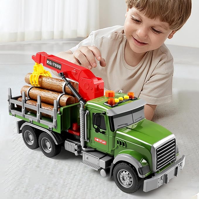 Dwi Dowellin Kids Toys for 3 4 5 6 7 Years Old Boys,15" Large Timber Truck with Loading Crane and 6 Trunks,Birthday Gifts for Boy Toddler Child