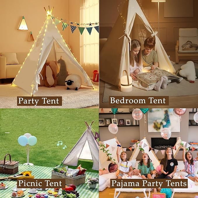 3pcs Teepee Tent with 10FT String Lights for Kids, Canvas Teepee Play Tent, Indoor & Outdoor Playing Tents with for Girls & Boys Party Indoor Outdoor Games (White)