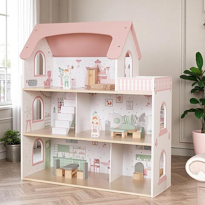 Wooden Pink Doll House for Girls with Balcony,DIY Pretend Dolls Play House Toy, Kids Dollhouses Toys with 12 PCS Furniture Accessories,Birthday Gifts for Boys Girls Ages 3+