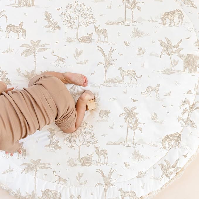 MakeMake Organics Organic Play Mat GOTS Certified Organic Cotton Nursery Floor Rug Washable Reversible Non Toxic Activity Mat Tummy Time Crawling Pad Thick Quilted (Round 48", Safari)