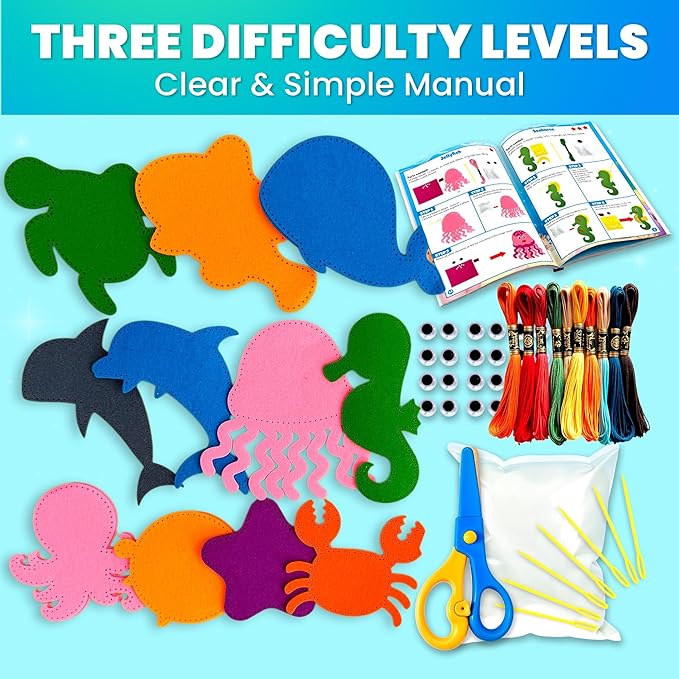 QUOKKA Kids Crafts Ages 4-8, DIY Beginner Needle and Thread Kit - 12 Sea Animals Sewing Kit Basic - Fun Arts Crafts for Kids Ages 6-8 Girls Boys - Plastic Needles, Scissors - 6+ Year Old Girl Gifts