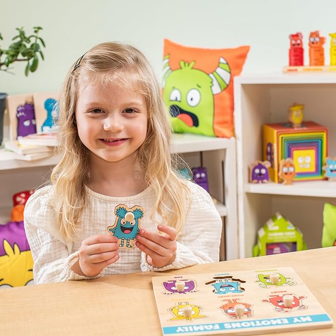 Open The Joy My Emotions Family Peg Puzzle – Emotional Recognition & Social Skills Puzzle for Kids | Montessori-Style Wooden Puzzle with 6 Emotion Pieces | Ages 4+