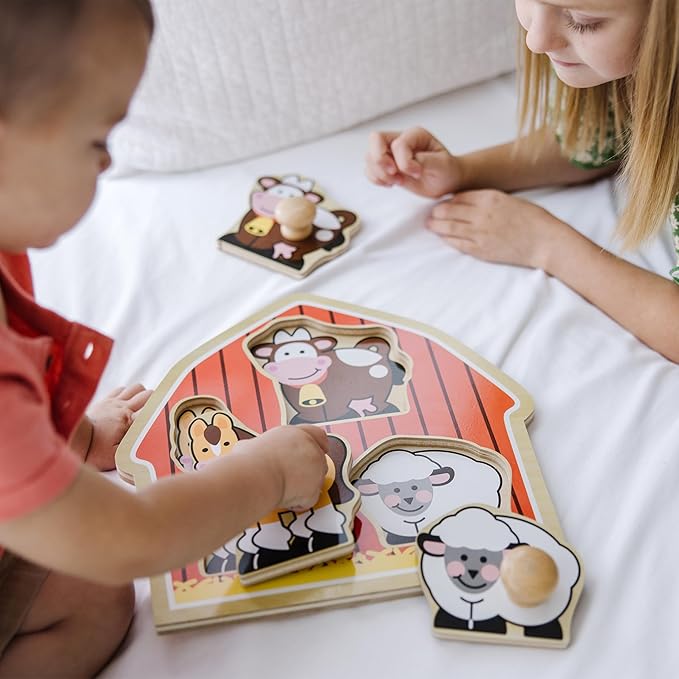 Melissa & Doug Barnyard Animals Jumbo Knob Puzzle, Wooden Peg Puzzle for Toddlers, Educational Toy for Shape Recognition and Fine Motor Skills, Ages 1+