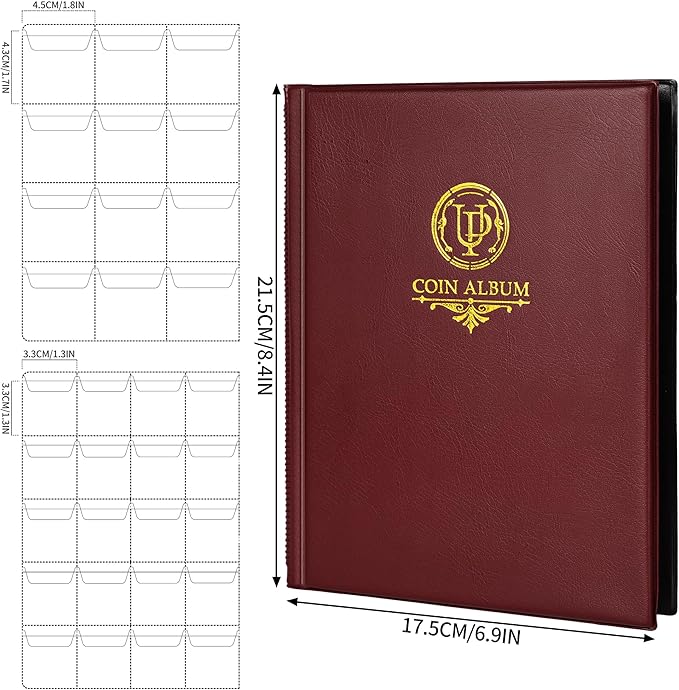160 Pockets Coin Album - 10 Sheets Mixed Sizes Coin Holder 45x43/33x33 mm Collecting Grid for Pounds Pence Cents (Red) CS48160RE