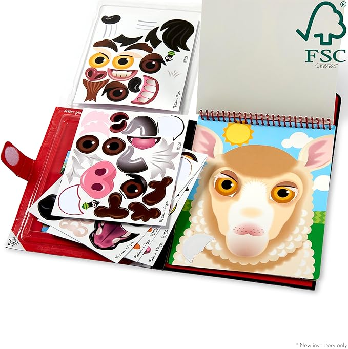 Melissa & Doug On The Go Make-a-Face Reusable Sticker Pad Travel Toy Activity Book – Farm Animals (10 Scenes, 76 Cling Stickers)