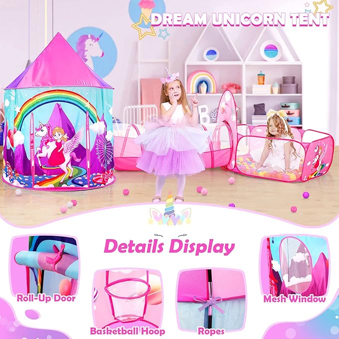 PigPigPen 3pc Kids Play Tent for Girls with Ball Pit, Crawl Tunnel, Castle Tents for Toddlers, Baby Unicorn Tent Toys, Girls Indoor& Outdoor Play House, Perfect Kid’s Gifts (3PC Unicorn Play Tent)