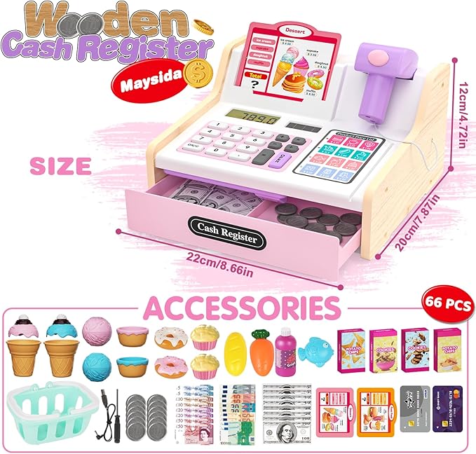 Wooden Cash Register for Kids, Rechargeable Kids Cash Register with Scanner, Pretend Play Cash Register Toy with Fake Money, Food, Credit Card, Toddler Boys Girls Age 2-4 4-8, Pink