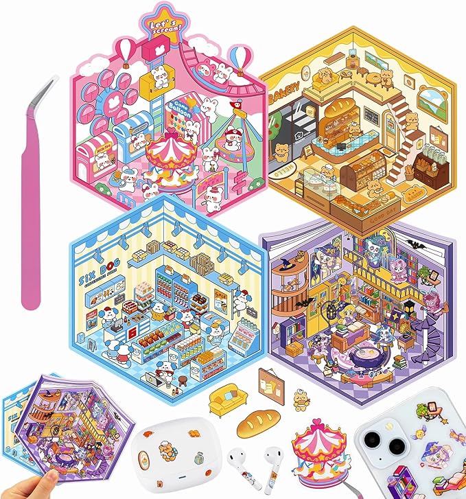 DIY 3D House Stickers, 4 Sets Fun DIY Sticker Scene Make Your Own Mini House Cute Cartoon Animal Scene Stickers for Kids Adult Sticker Art Relief Stress Pass The Time