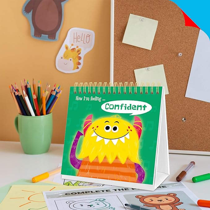 Emotions Flip Chart, 25 Different Feelings with Coping Skills-Learn to Identify Various Moods, Cartoon Faces Emotions for Kids with Autism, ADHD-Emotion Flipbook for Therapy, Home Use (Monsters Ver.)