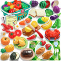 Coogam Pretend Play Food Kitchen Accessories for Kids, Fake Fruits Meats Vegetables Cutting Food with Shopping Storage Basket for Preschool Activities, Daycare Educational Toy for 3 4 5 Years old Kids