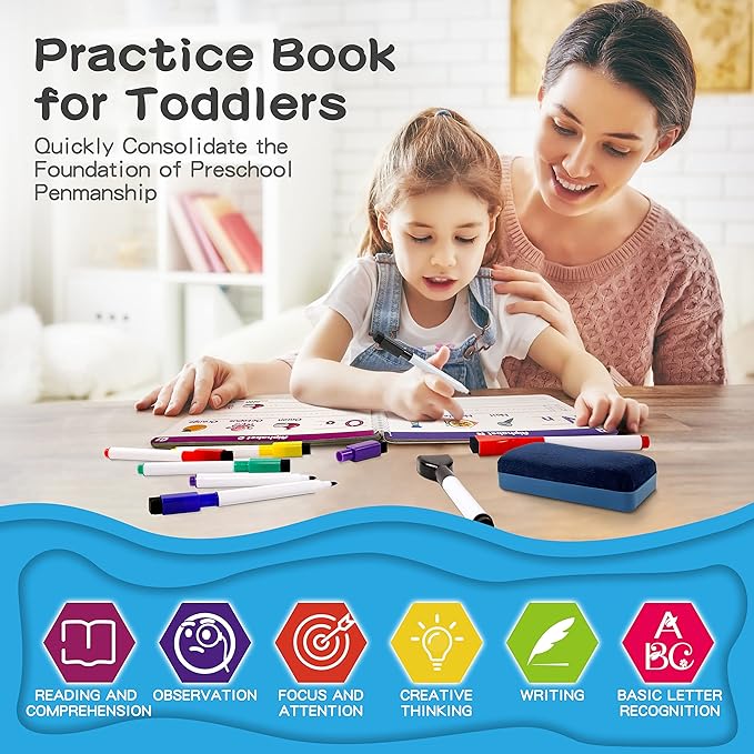 Handwriting Practice - Tracing Books for Kids Ages 3-5, Montessori Preschool Learning Activity, Autism Educational Learn Number Letters Shapes Animal & Sight Words Workbook with 8 Dry Erase Markers