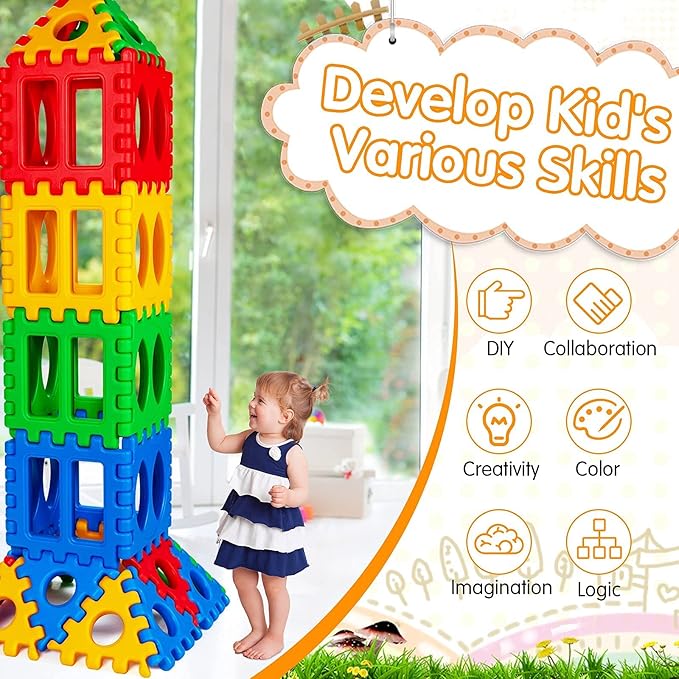Costzon 32 Pieces Jumbo Building Blocks for Kids, Big Waffle Block Set, Preschool Educational Creativity Sensory Toy, Interconnecting Stacking Building Toy Set for Boys & Girls