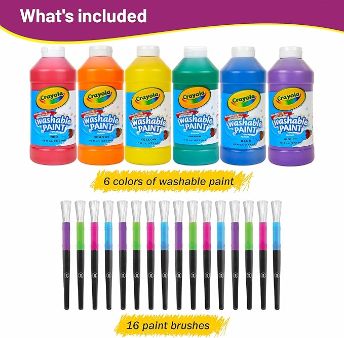 Washable Paint for Kids, Kids Painting Set 6 Colors with Paintbrushes, Non Toxic Bulk Finger Paints 16 oz Each, Kid Paint Classroom Set for Toddlers – Paints for Kid Art, Craft Gifting bundle