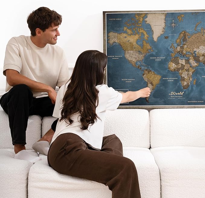 Canvas World Map with Cork Pin Board - English Lettering - Decorative Wall Decoration for All Rooms - Canvas Pictures with World Map Motif (70x50 cm, Pattern 13)