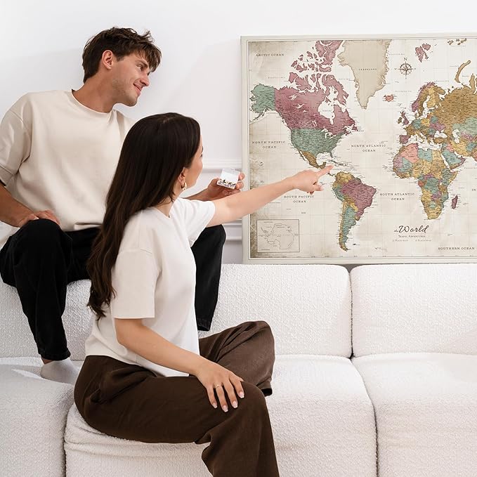 Canvas World Map with Cork Pin Board - English Lettering - Decorative Wall Decoration for All Rooms - Canvas Pictures with World Map Motif (120x80 cm, Pattern 20)