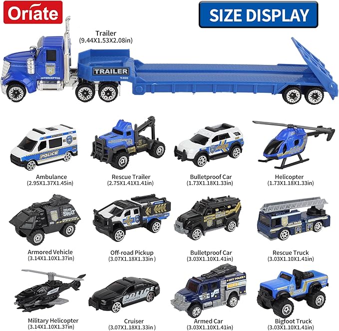 Oriate Diecast Police Rescue City S.W.A.T. Car Toys Set w/Heavy Duty Trailer Patrol, 13PCS Alloy Mini Police Vehicles Transport Trailer, Road Signs and Birthday Cake Topper Stickers for Kids