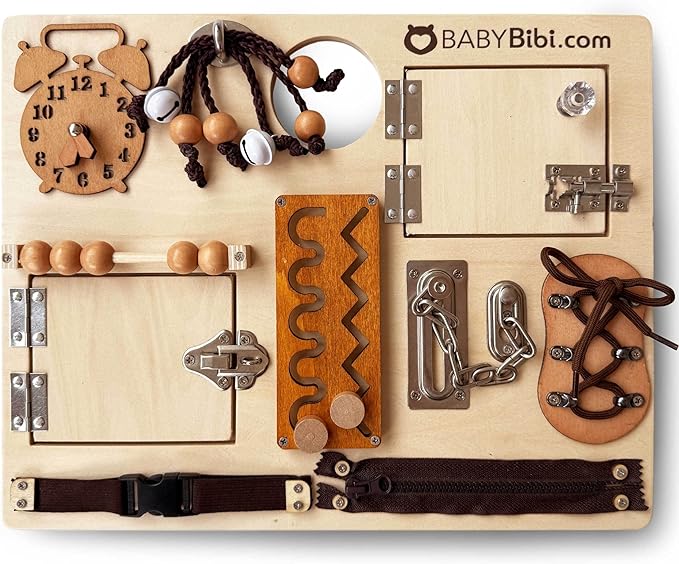 Large Montessori Busy Board - 10-in-1 Sensory Activity Toy for Toddlers with Locks, Shoelaces & More - Education Travel Toy for Boys & Girls Ages 3+