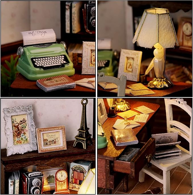 CUTEROOM DIY Doll Room Miniature Furniture Wooden House Kit - Wooden Dolls House Kit with Dust Cover & LED Light and Accessories - QT Series Dollhouse (QT031)