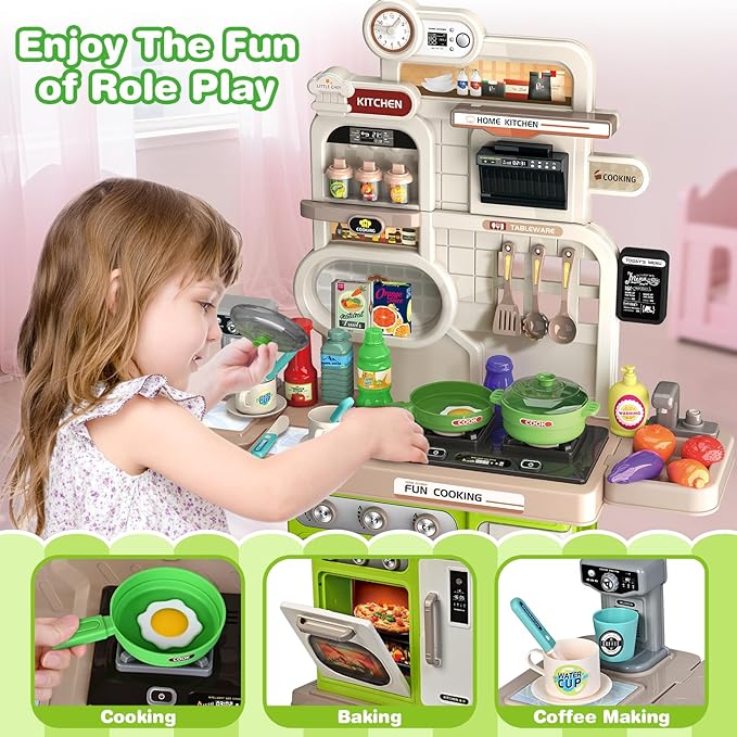 Play Kitchen Set, Kids Kitchen Playset with Realistic Sound & Light, Cooking Stove, Sink, Play Food and Accessories, 57 Pcs Kitchen Toys Gifts for Toddlers 2-4 3-5 Boys Girls (Green)