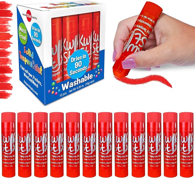 Kwik Stix Solid Tempera Paint Sticks – 12 Pack of Red – Same Color Washable, Quick Dry (90 Seconds), ASTM Certified, Non-Toxic, Allergen-Free Kids & Toddler Art Supplies for Home, School & Crafts