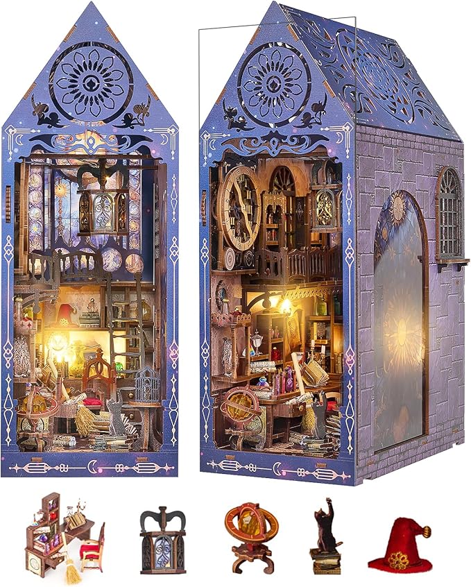 DIY Book Nook Kit,Magic Dollhouse Kit DIY Miniature House Kit for Adults Teens,Booknook Bookend Bookshelf Decor,3D Wooden Puzzle with LED & Dust Cover,Easter Halloween Home Decor Birthday Gifts
