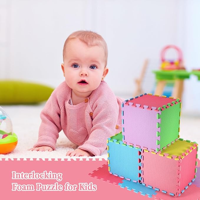 Nuanchu 60 Pcs Kids Foam Puzzle Floor Mat Bulk Solid Color Foam Play Mat with Borders Interlocking Multi Use Floor Rug for Baby Toddler Children Crawling Exercise Playroom 12 inch (Colorful)