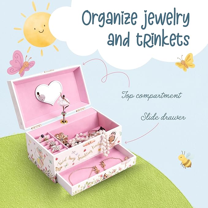 The Memory Building Company Ballerina Musical Jewelry Box, Classic Melody, Storage Organizer Kids Ages 6-12, Wood Construction w/ 2 Compartments