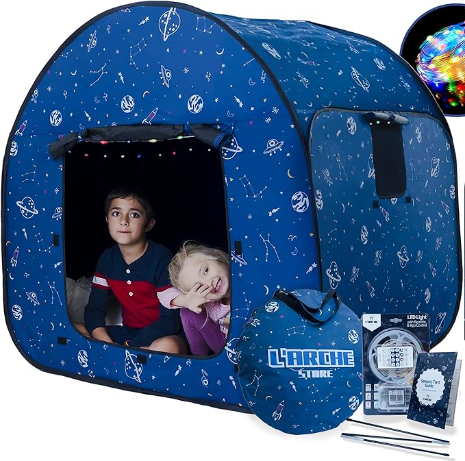 L’ARCHE Sensory Tent for Kids with LED Lights & Remote Blackout Pop-Up Calm Down for Autism, ADHD & SPD Indoor Sensory Room Play Tent Foldable & Portable (Space Theme, Big 47.2 inches)