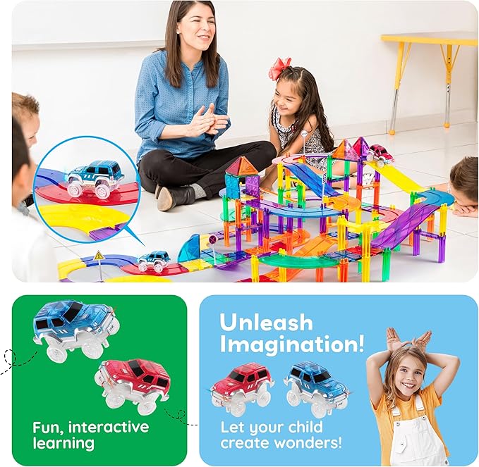 PicassoTiles 2pcs Magnetic Toy Car Set Highly Detailed Compatible with Magnet Race Track STEM Truck Replacement Accessories Educational Construction Building Kits for Toddlers Boys & Girls Ages 3+
