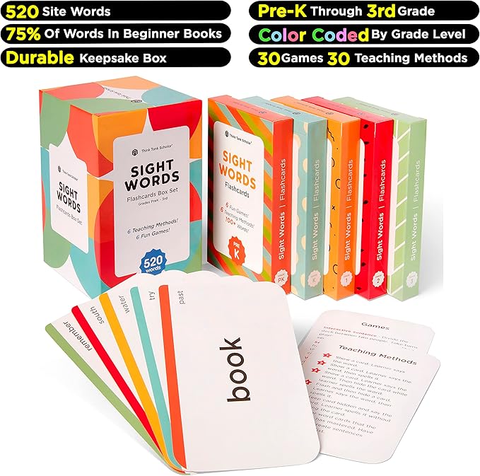 Think Tank Scholar Sight Words Flash Cards – 520 High Frequency Words for Kids Ages 3–9 – Dolch & Fry List – Award-Winning Reading Tool for Preschool, Kindergarten, 1st, 2nd, 3rd Grade – Classroom Set