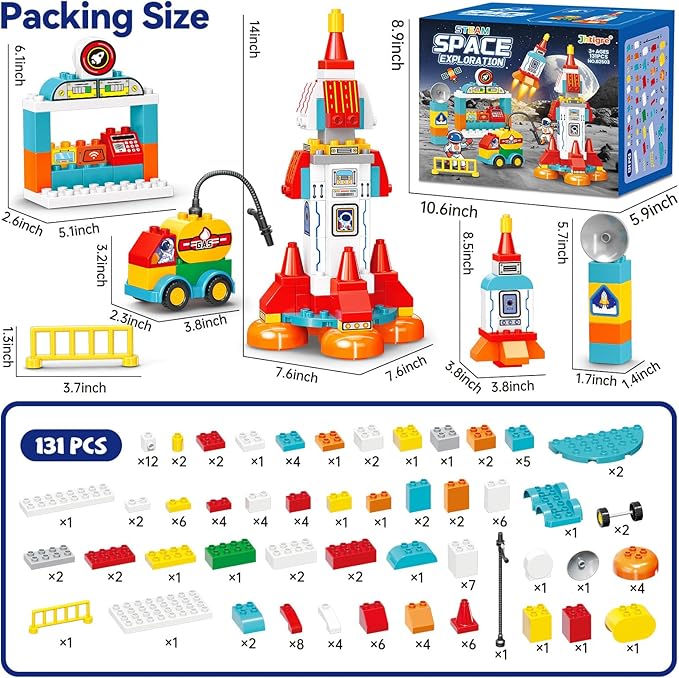 Building Blocks for Toddlers 1-3-5, 131 Pcs Space Rocket STEM DIY Big Classic Building Bricks Toys Set for Kids Ages 2-4-5-8, Compatible With All Major Brands, Spaceship Gift Toy for 3-5 Boys Girls