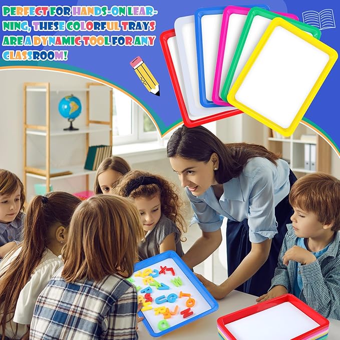 Magnetic Dry Erase Activity Trays Set 9.44 x 13 Inches Classroom Stackable Magnetic Trays with 8 Colorful Dry Erase Markers Letter White Board for Kid Teacher Supplies(12 Pcs,Bright Colors)