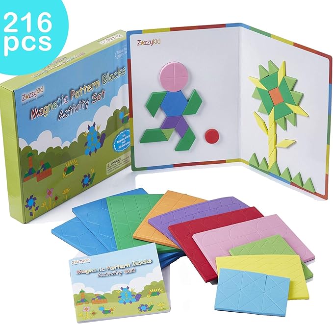 ZazzyKid Kids Magnetic Pattern Blocks Set: 216 PCS Geometric Shape Puzzles Tangram - STEM