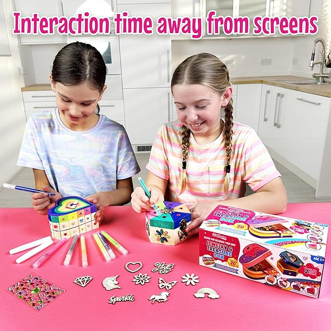 GirlZone Jewelry & Treasure Box, DIY Jewelry Box, DIY Craft for Kids Include Wooden Boxes, Shapes, Acrylic Paint Pens, Gem Stickers & Table Cover, Ideal Painting Crafts for Girls, Valentine Gifts